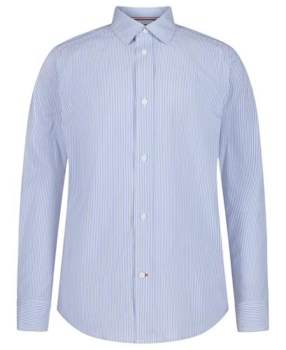 Tommy Hilfiger Boys' Long Sleeve Patterned Dress Shirt, Collared Button-Down Style with Cuffs & Shirttail Hem, Medium Blue Stripe, 14