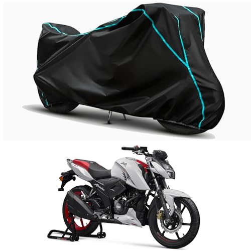 Image of Waterproof Bike Body Cover Compatible for | TVS Apache RTR 160 4V RTR | Taffeta Fabric, Sky Piping Design, Bottom Elastic Fit | Dustproof, Sun UV & Rain Protection for All Weather.