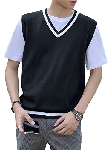 Oyoangle Men's Casual Cable Knit Sleeveless V Neck Pullover Cricket Sweater Vest Top School Cardigan Black S #TOP8