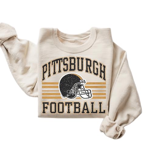 DAYLEA Distressed Pittsburgh Football Retro Crewneck Sweatshirt Vintage College Sports Style Cozy Unisex Gameday Pullover (Sand Small)