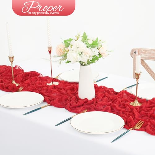 10 Pack Red Cheesecloth Table Runner 10FT Boho Romantic Gauze Table Runner 20 x 120 Inch Rustic Sheer Runner for Wedding Party Bridal Shower Thanksgiving Christmas Decoration by Lumaycens - Used condition - Image 4
