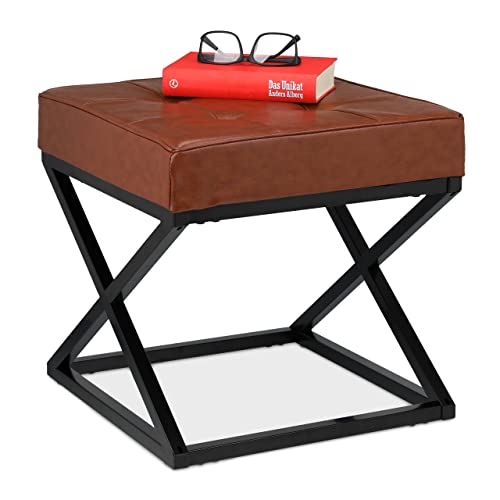 Relaxdays Taburete Polipiel, Diseño Industrial, Banco Reposapiés Sofá, Marco Metal, 41 x 41 x 41 cm, Negro y Marrón