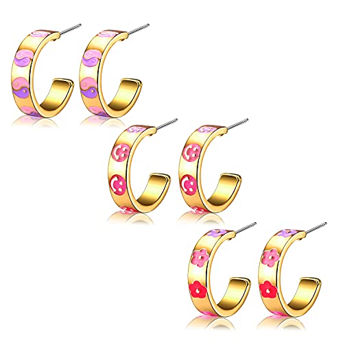 Smiley Face Y2K Earrings 14 K Gold Plated Small Huggie Hoop Earrings Cute Colorful Enamel Happy Face Butterfly Flower Heart Stud Earrings Jewelry for Women Girls