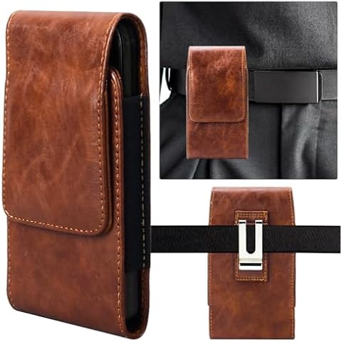 Holster for iPhone 16 Pro Max 16 Plus 15 Pro Max 14 Pro Max 13 Pro Max Plus 14 Plus Galaxy S24 Ultra S24 Plus A15 A35 5G Leather Pouch [Metal Belt Clip] Phone Holster Belt Clip Case, Brown Cover