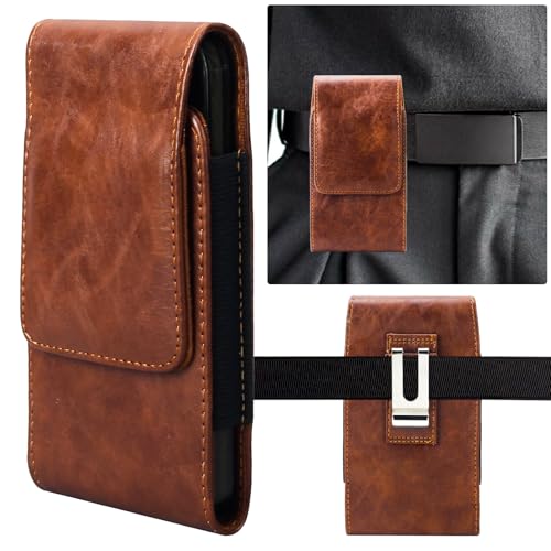 Holster for iPhone 16, 16 Pro, 16e, 15, 15 Pro, 14, 14 Pro, 13, 13 Pro, 12, 12 Pro, 11, 11 Pro, XR, Galaxy s25,S24,S23, S22, Premium Leather Pouch with Metal Belt Clip Phone Holster Belt Case - Brown