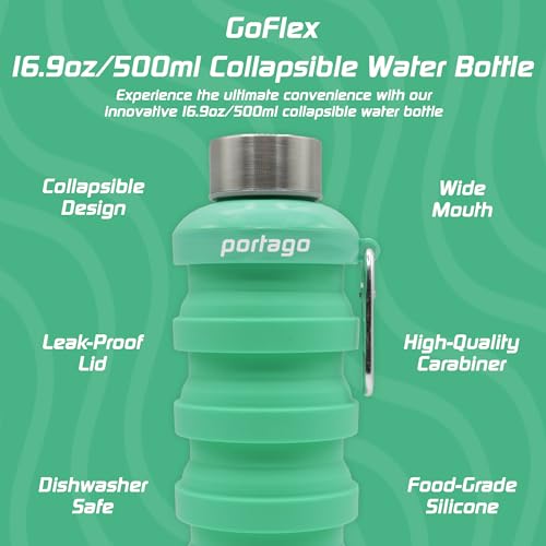 Portago Goflex | 17 oz/500 ml, Collapsible Water Bottle for Travel, Hiking, Camping, Sports, Gym, and Fitness, BPA Free Silicone, Flexible and Leak Resistant, Portable Carabiner (Mint) - Image 3