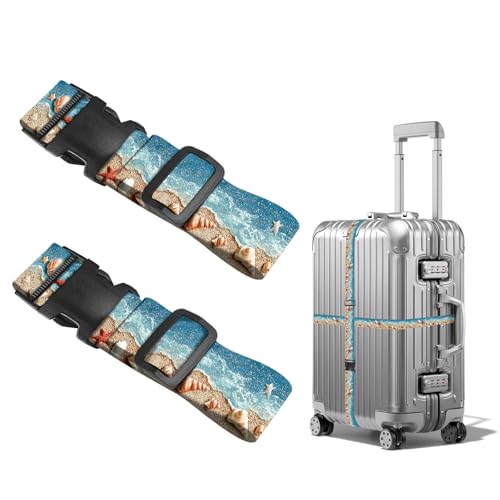 Image of Nuxovilar Luggage Straps Set for Suitcase 1.96x90.5in Polyester | Cargo Strap Travel Belt Security Buckle Band Beach Trip Summer Travel Vacation (Shell Starfish)