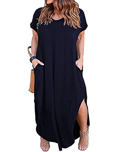 Kancystore Woman V Neck Open Back Short Sleeve Beach Boho Dresses with Pockets Blue 3X