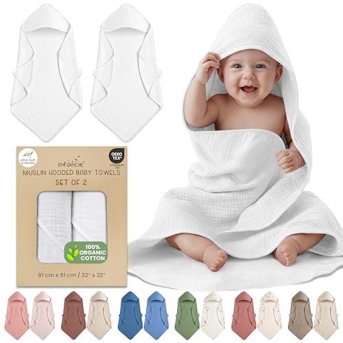 Image of 100% Organic Cotton Muslin Baby Hooded Towel, 32 x 32 in, White, 2 Pack, Soft Absorbent 4-Layer Hooded Bath Towel for Newborns, Infants, Toddlers, Boys, Girls, Oeko-TEX