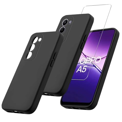 MIBZOR 2 in 1 Cover Compatibile con OPPO A5 4G / OPPO A5 5G (6.67') e 1 Pezzi Vetro Temperato Pellicola Protettiva, Nero Morbido Silicone Custodia Protettivo TPU Protezione Case