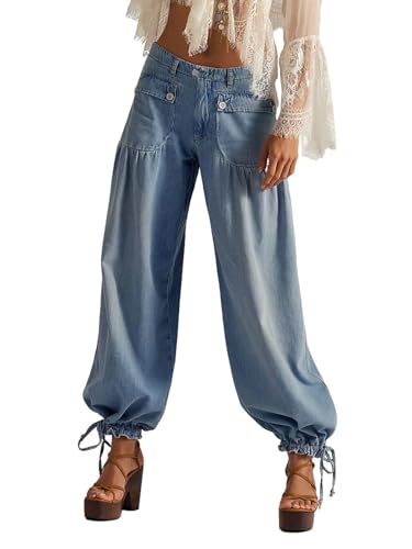 utcoco Womens Baggy Harem Jeans Boyfriend Low Rise Adjustable Leg Straight Denim Pants Streetwear Cargo Trousers