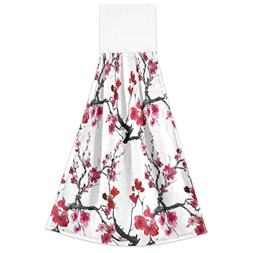 Giwawa Cherry Blossom Kitchen Hanging Towels, 2Pcs Pink Plum Flower Hand Tie Towels With Loop & Hook, Cute Ink Painting Blooming Floral Dish Cloth Towel Fast Drying For Kitchen Bathroom Home Decor #TOP1
