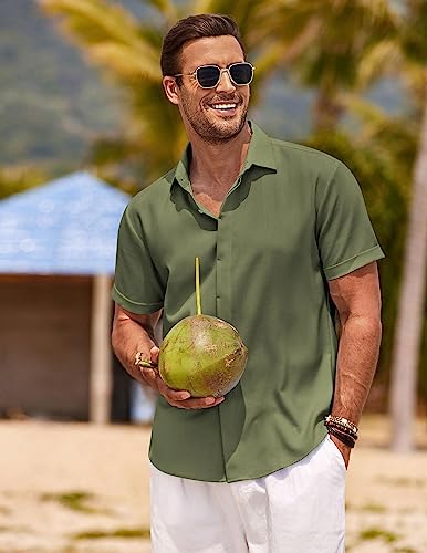 Image of COOFANDY Men's Linen Shirts Short Sleeve Casual Shirts Button Down Shirt for Men Beach Summer Wedding Shirt