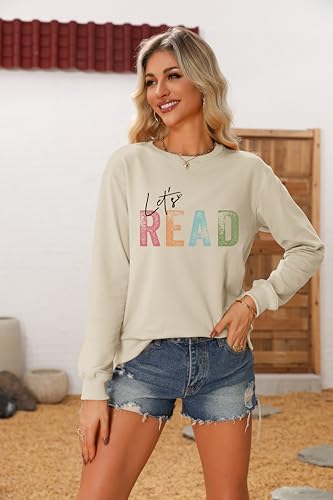 Let's Read Sweatshirt Women Reading Book Sweatshirts Funny Graphic Shirts Library Book Pullover Long Sleeve Tops2
