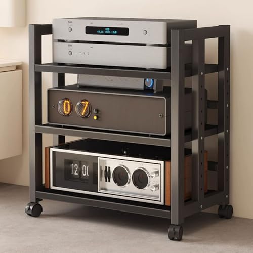 Regulowana szafka stereo - stojak na nośniki do odtwarzacza płyt winylowych i sprzętu audio, nowoczesny design z otwartymi półkami do konfiguracji kina domowego