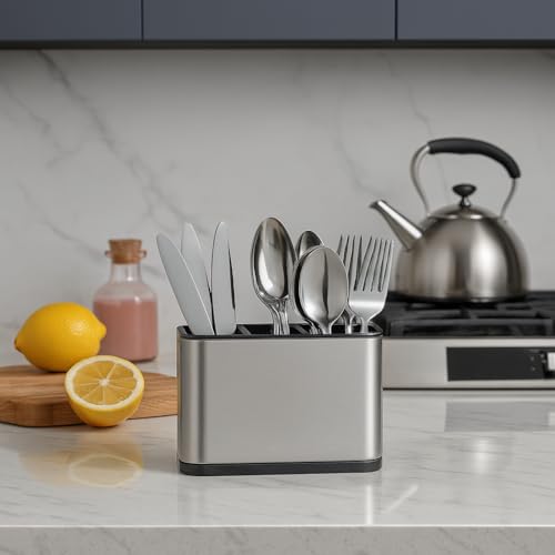Image of Stainless Steel Spoon Holder & Cutlery Stand for Kitchen | Knife, Spoon, Fork Organizer | Large Utensil & Spatula Holder for Countertop & Dining Table