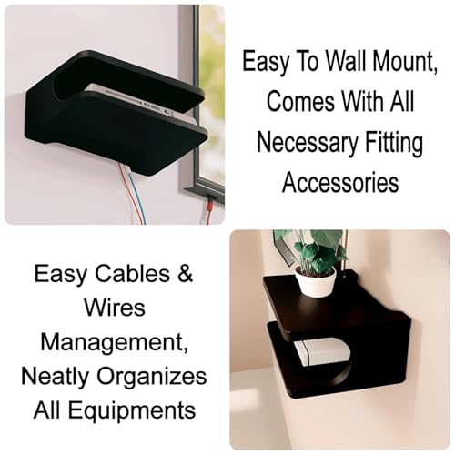 Image of Floating Wall Mounted TV Shelf for Set Top Box, WiFi Router, Gaming Console & Decorative Items | Modern Wall Storage Rack for Living Room, Bedroom & Office (Black)