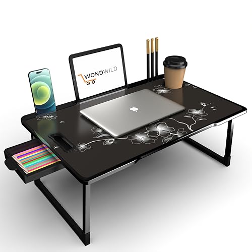 Image of WONDWILD Smart Multipurpose Foldable Laptop Table with Cup Holder, Study Table, Bed Table, Breakfast Table, Foldable and Portable /Ergonomic & Rounded Edges /Non-Slip Legs (ABS Flowers)