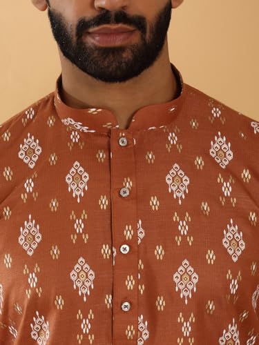 Image of KRAFT INDIA Men's Cotton Blend Geometric Printed Straight Long Regular Kurta and Elastic Waistband Pyjama Set