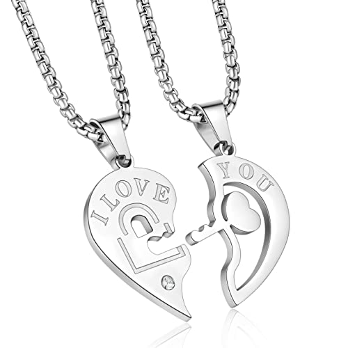 Buleens Heart Pendant Necklaces For Women Mens Girls Bff Couple Friendship Matching Yin Yang Sun Moon Magnet Necklace Lock Key Anchor Chain Set Stainless Steel Cubic Zirconia (Lock Heart Couple Necklaces -005) #TOP5