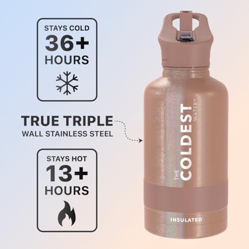 Coldest Sports Water Bottle with Straw Lid Vacuum Insulated Stainless Steel Metal Bottles Leak Proof Flask for Sports Gym (64 oz, Golden Rose Glitter) 4 Coldest Sports Water Bottle with Straw Lid Vacuum Insulated Stainless Steel Metal Bottles Leak Proof Flask for Sports Gym (64 oz, Golden Rose Glitter) - Image 2
