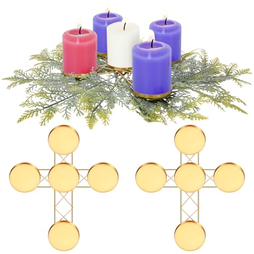 Jingmore 2 Pcs Christmas Advent Candle Wreath Ring Metal Candle Holder for Pillar Advent Rustic Candlesticks Holders for Xmas Table Centerpiece Decor Home(Wide,Cross)