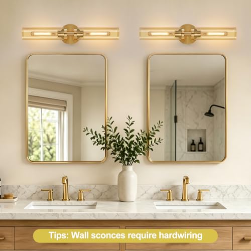 Image of Indoi Wall Sconces Set of Two, Hardwired Brushed Gold Bathroom Sconces Wall Lighting with Amber Glass, Modern Sconces Wall Decor Set of 2 Vanity Light fixtures for Bathroom Mirror Bedroom