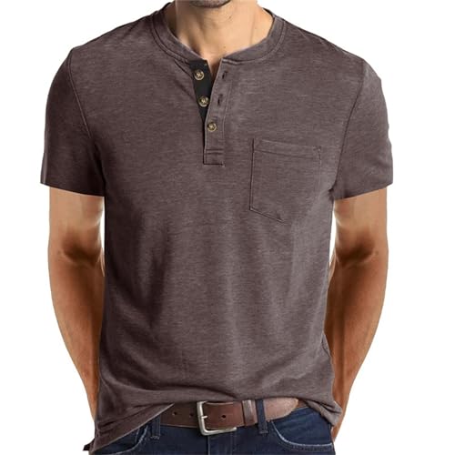 La Mejor Selección de Aca Joe los 5 mejores. 41 NJNJGO - Camisas Henley de manga corta para hombre, playera básica de 3 botones, casual, entallada, con bolsillo, Café, Small