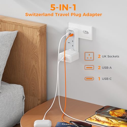 UK to Switzerland Plug Adapter, TESSAN Swiss Plug Adapter with 3 USB Ports (1 USB C) - Image 3