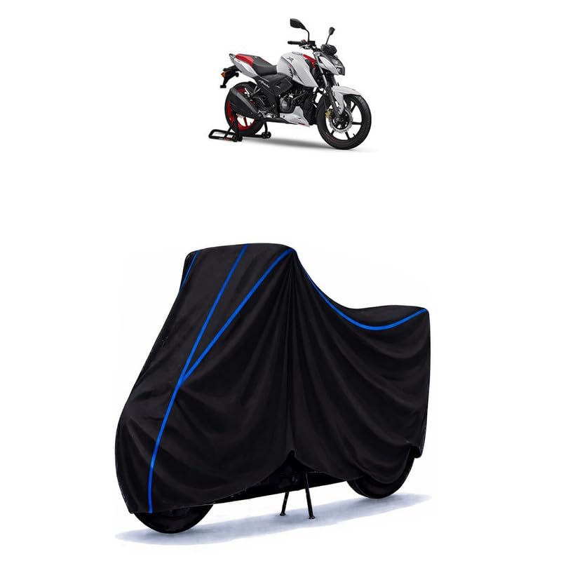 Image of TVS Apache RTR 160 4V Bike Cover Water Resistant Universal Motorcycle Rain | Heavy Duty UV Protection, Dust, Scratch Indoor Outdoor All Weather with Black Blue Piping Elastic