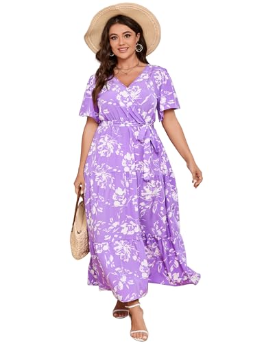 Image of ShopWonder Womens Plus Size V Neck Wrap Maxi Dress High Waist Ruffle Summer Casual Dress with Belt