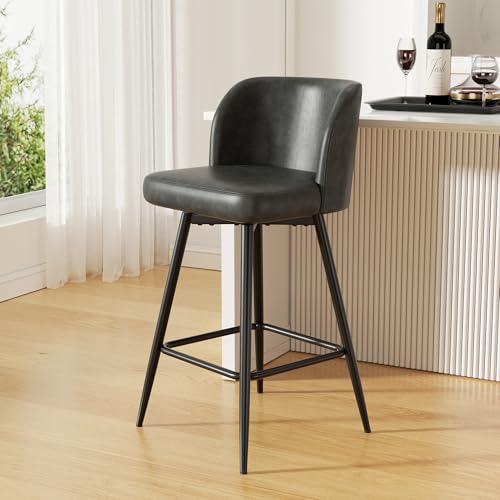 Image of Swivel Bar Stools, 26 inch Counter Height Bar Stools with High Back and Metal Legs, Faux Leather Bar Chairs, Modern Barstools for Kitchen Island, Dark Grey