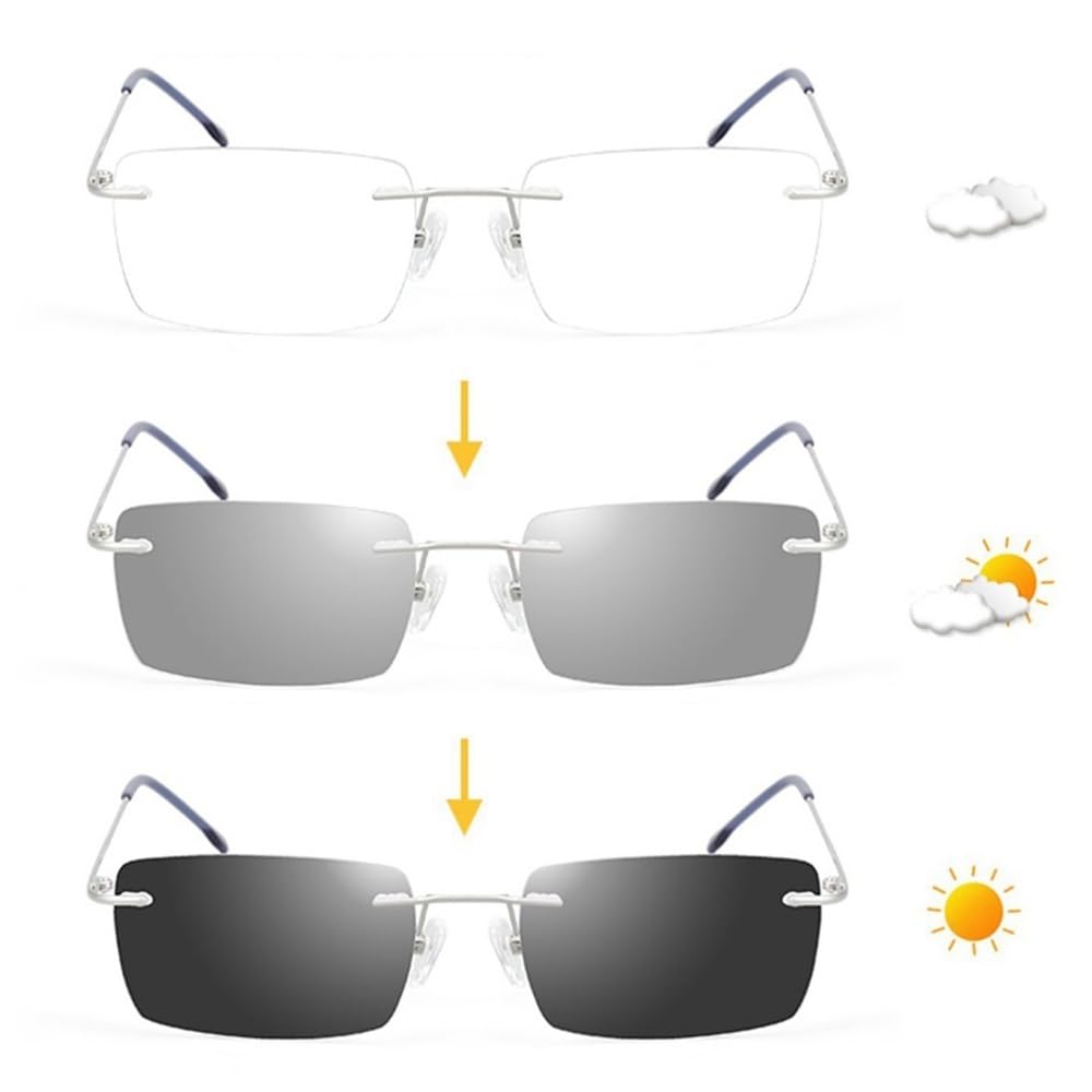 Randlose Lesebrille Photochrome Presbyopische Brille Für Herren Damen Mode Sonnenbrille Rechteck Blaulichtfilter Brille Leicht +1.5 +2.0 +2.5