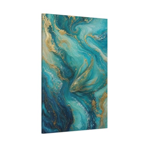 Toile de poissons turquoise et or pour décoration au-dessus du canapé