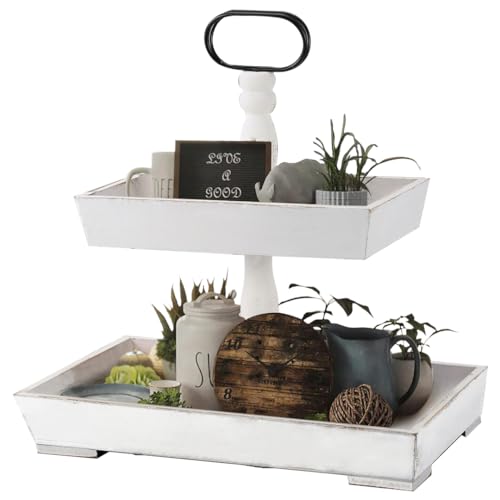 Tiered Tray Stand,Two Tier Tray,2-Tier Decorative Trays, Round Tiered Tray for Vintage Decor, Round Wooden Serving Tier Tray (Washed White)