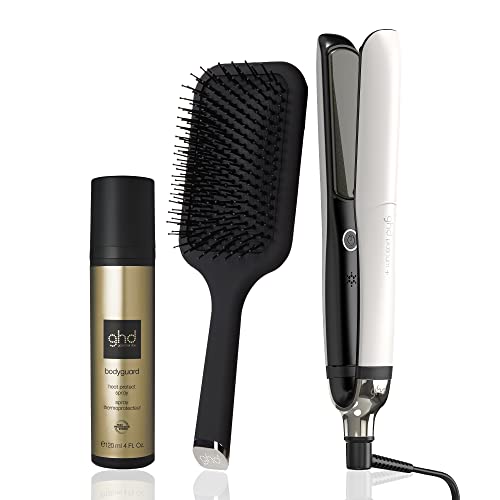 ghd Platinum Essentials Trio ― Platinum+ 1" Flat Iron Hair Straightener (White), Bodyguard Heat Protection Spray for Hair (4 fl. oz.), and Paddle Detangling Hair Brush for Thick Hair (Black)