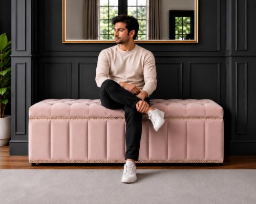 Image of Tufted Velvet Storage Ottoman Bench with Nailhead Trim (Blush pink) | Storage Ottoman bench