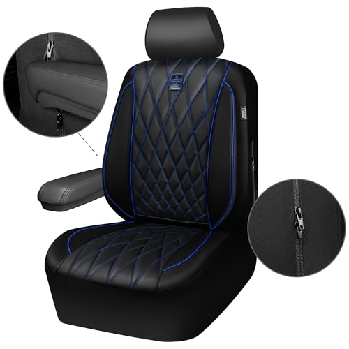 Image of CAR PASS Piping Luxury Leather Seat Covers Full Set,5 Seats Anti-Slip Waterproof Seat Covers Compatible with Front Armrests,Universal Fit for Sendan SUV Van Truck,Airbag Compatible,Black and Blue