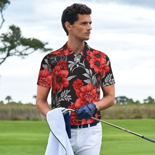 Polo pour le golf et le travail imprimé léopard à fleurs rouges