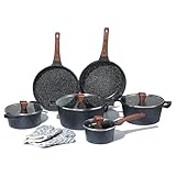 Revêtement antiadhésif en marbre - Sans PFOA et sans PFOA - La surface extra forte et résistante aux rayures permet une cuisson saine et faible en gras sans coller. Facile à nettoyer, durable et 100 % sûr pour vous et votre famille.