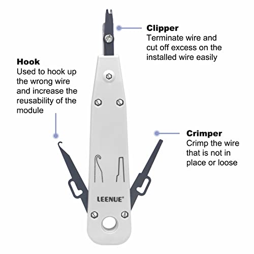 LEENUE LSA Auflegewerkzeug, LSA Plus Anlegewerkzeug Krone, Netzwerk Werkzeug für Ethernet RJ45 Netzwerkdose Cat7/Cat6/Ca6A und Telefonkabel RJ11, Datenauflegewerkzeug mit Haken und Klinge Grau