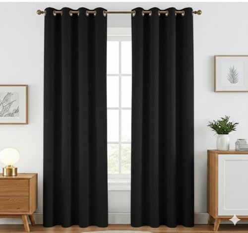 Image of Amazon Brand - Solimo Velvet Curtain Set of 2 (52x96 Inch) Plain Door & Window Curtains for Living Room & Bedroom |75% Light Blocking, Eyelet Curtains for Home Decor in Black Color (4 feet x 8 feet)