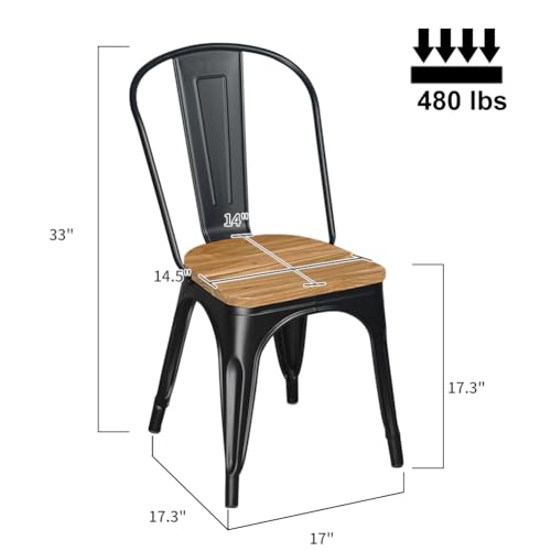 RokiaTek Metal Dining Chairs Stackable Farmhouse Chairs Set of 4 with Light Elm Wood Seat Kitchen Chairs Trattoria Chairs for Restaurant Bistro Cafe Industrial/Vintage/Rustic Matte Black - Thumbnail 3