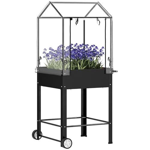 Outsunny Huerto cuadrado sobre patas con revestimiento de plástico, jardinera elevada con ruedas y agujero de drenaje, mini invernadero para verduras, flores, hierbas aromáticas, 67 x 69 x 147 cm,