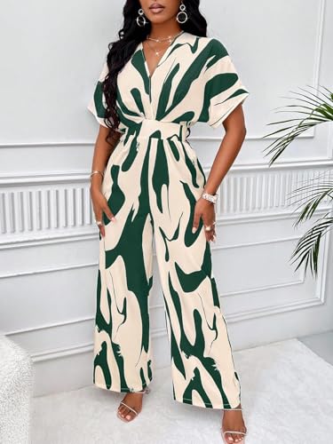 Image of PerZeal Women's V-Neck Short Sleeve Printed Jumpsuit with Pockets - Casual Wide Leg One-Piece Romper for Summer（S-XXL）