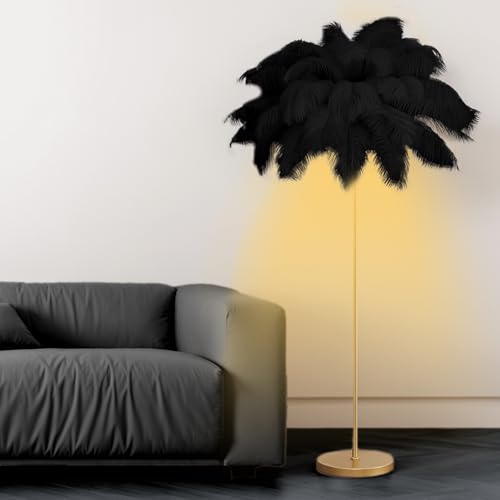 YUOXU Feather Floor Lamp Fluffy Ostrich Feather Floor Lamp for Bedroom 3 Color Temperatures Led Corner Modern Floor Lamps for Living Room Christmas Home Decor House Warming Gifts 63 Height (Black)
