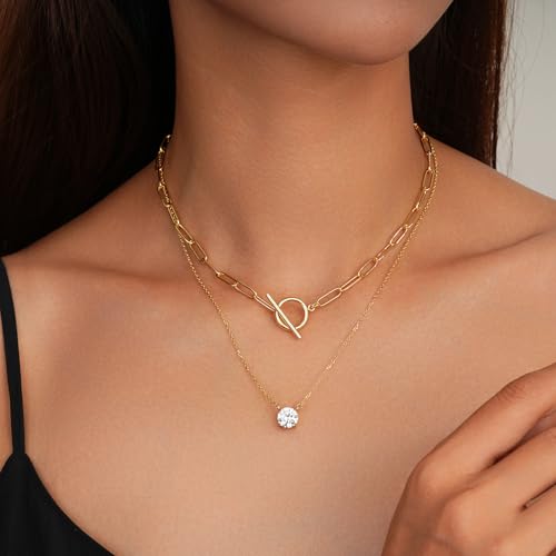 Non Tarnish 14k Gold Plated Layered Necklaces for Women Trendy, Sliver Stackable Dainty Herringbone | Paperclip | Rope | Cuban Chain Necklace Adjustable Jewelry Set Gift for Women2