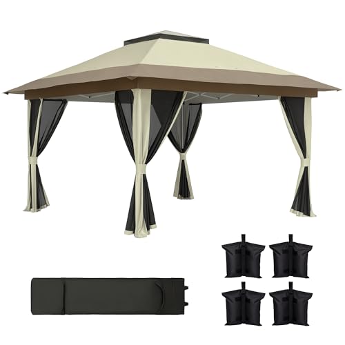 Outsunny Carpa Plegable Gazebo, 3,6x3,6 m, Cenador Plegable con 4 Paredes Laterales de Malla, Anti UV, Altura Ajustable, Bolsa de Arena y Bolsa de Transporte, para Camping, Fiestas, Crema
