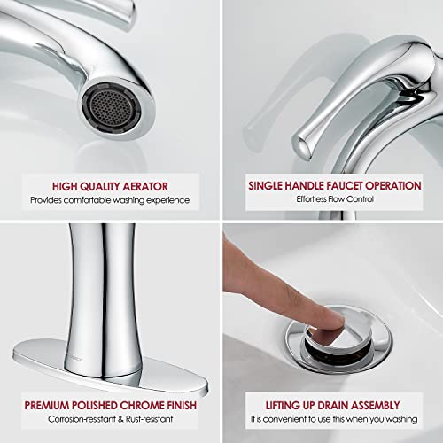 Roddex Bathroom Faucet, Single Handle Basin Vanity Faucet, 1 Or 3 Hole Bathroom Sink Faucet With Pop-Up Drain Assembly Deck Plate, Polished Chrome #TOP2