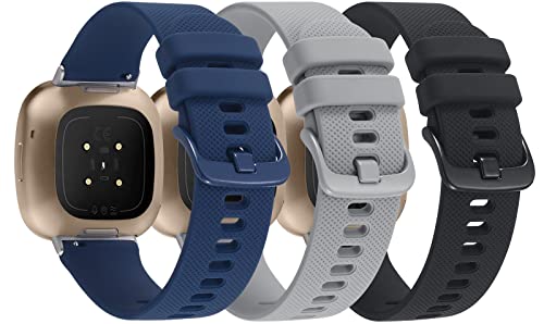 3-Pack Sport Bands Compatible with Fitbit Sense/Versa 3, Classic Soft Silicone Replacement Wristband Strap Accessories for Women Men(Black/Midnight Blue/Gray)